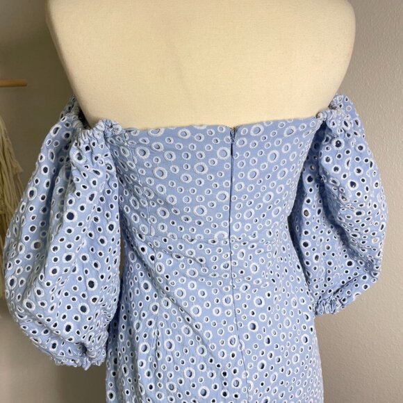 Prose & Poetry Sheila Midi Dress Size Small Blue Eyelet Off the Shoulder New - Picture 8 of 13